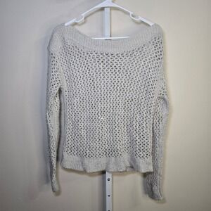White House Black Market Sequin Open Knit Sweater Silver Metallic Mesh XS